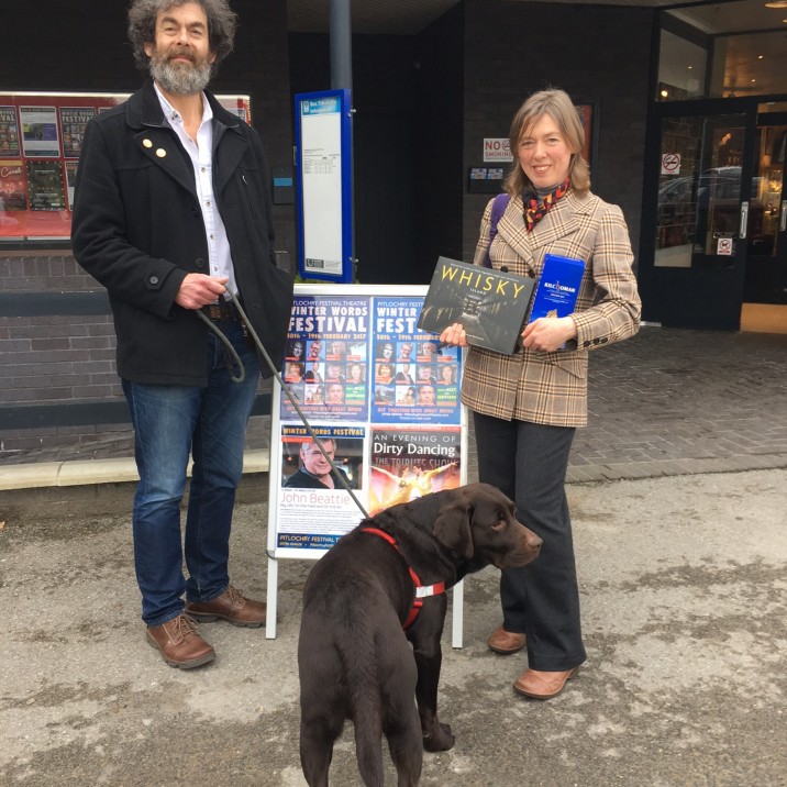 Actor Dougal Lee with author Fiona Rintoul and her gorgeous chocolate lab!