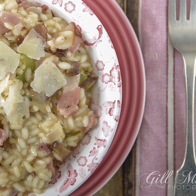 Serve up this Autumnal risotto for a mid-week supper with a difference. Smoked Bacon, Sweet Chestnuts and some salty Parmesan for the balance.