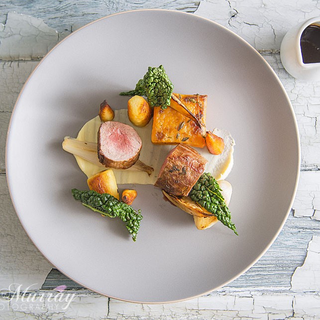 Haunch of venison, sweet potato fondant, roasted winter roots, pear and sauce grand-veneur