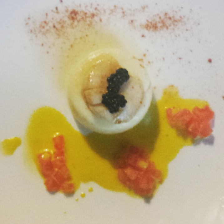 Hot scallop mousse with saffron beurre blanc, avruga caviar and tomato