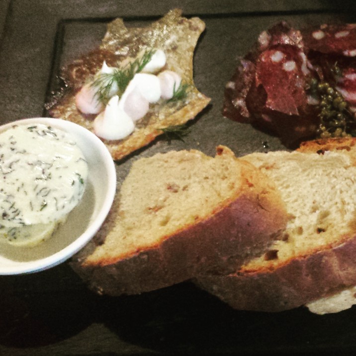 Amuse Bouche of Fresh Bread, Crispy Trout Skin, Trout Pate and Smoked venison