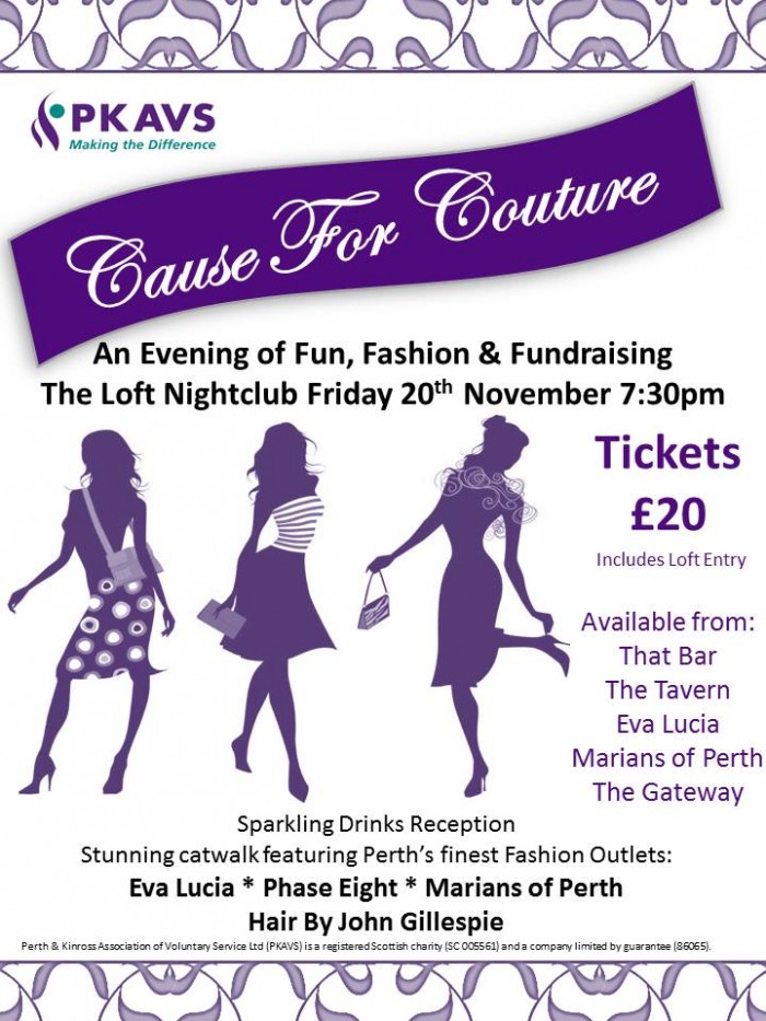 PKAVS is delighted to announce a Charity Fashion Show on Friday 20th November from 7:30pm at Loft Nightclub Perth.