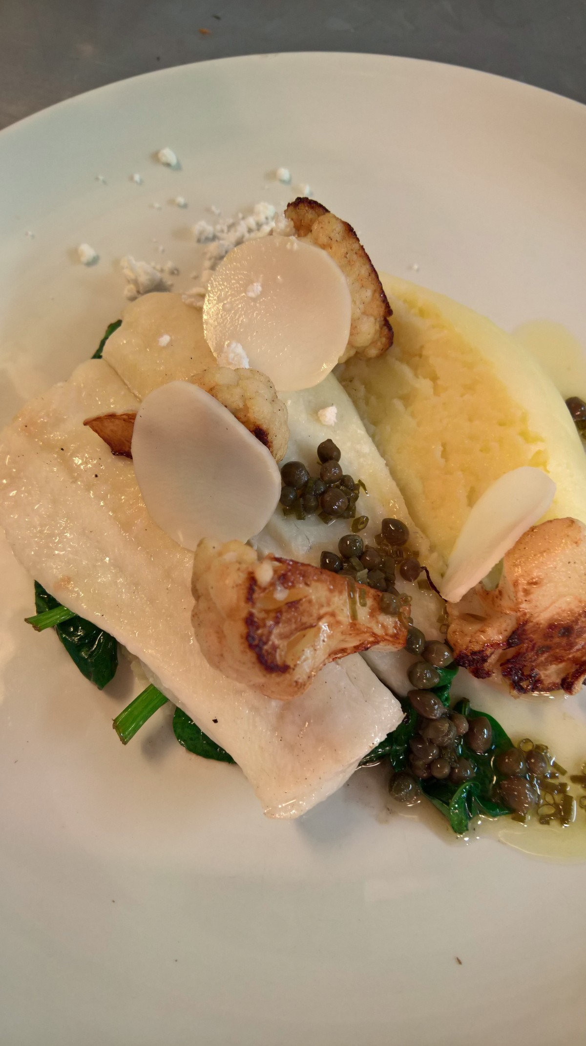 Plaice, mash, cauliflower, spinach, caper  and brown butter. Andrew Moss is the king of flavours!