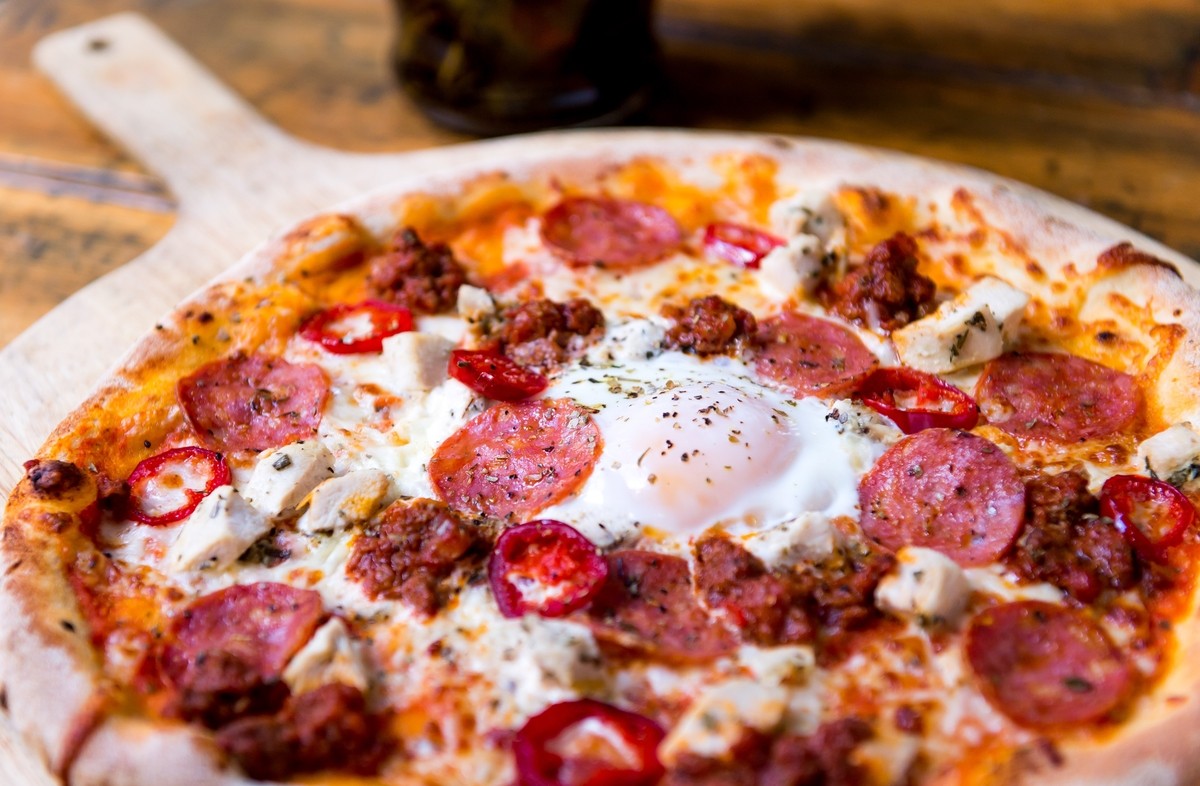 Pizza Max Meat Feast: Tomato, Mozzarella, Chicken, Beef Ragu, Premium Pepperoni, Roquito Chillies, Egg