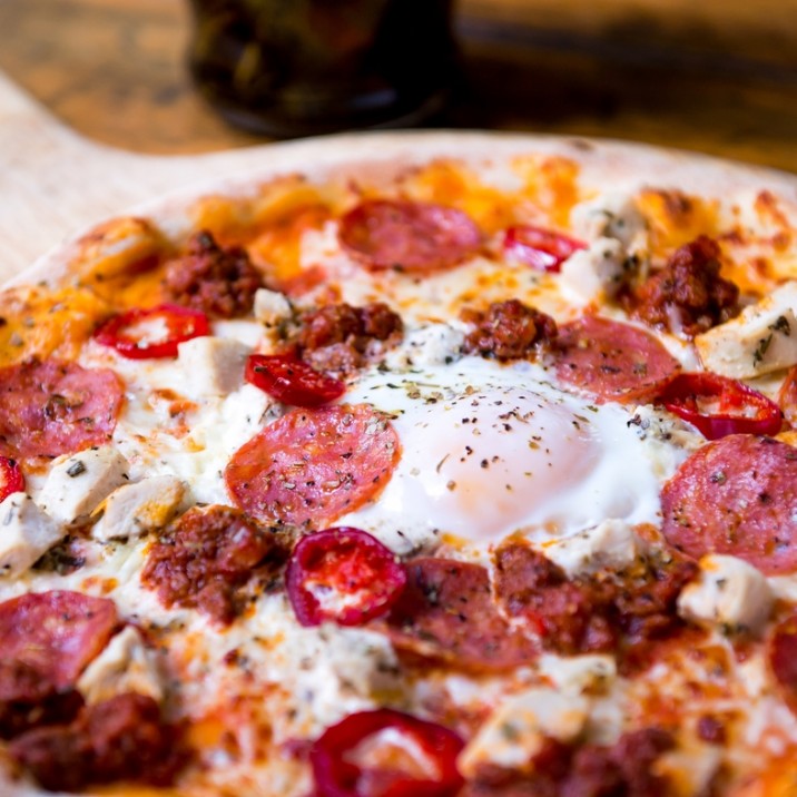 Pizza Max Meat Feast: Tomato, Mozzarella, Chicken, Beef Ragu, Premium Pepperoni, Roquito Chillies, Egg