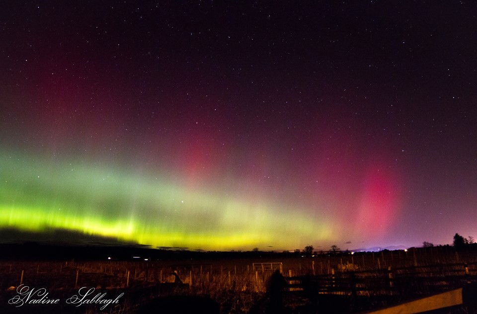 Nadine Sabbagh's sky was filled with pinks and yellows in the Mother's Day 2016 Aurora Borealis over Perthshire.