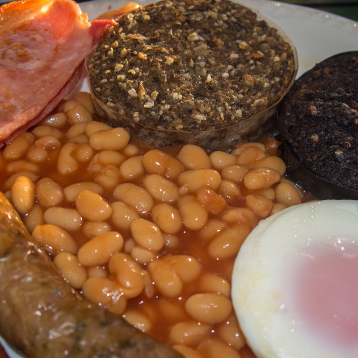 A proper Scottish fry up with locally sourced blackpudding, bacon, sausage and egg at Fernbank House in Aberfeldy.