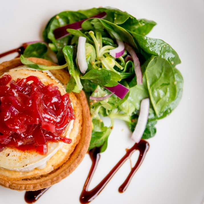 Double Baked Goats Cheese Tartlet with
Sun-blushed tomato & red onion quiche.