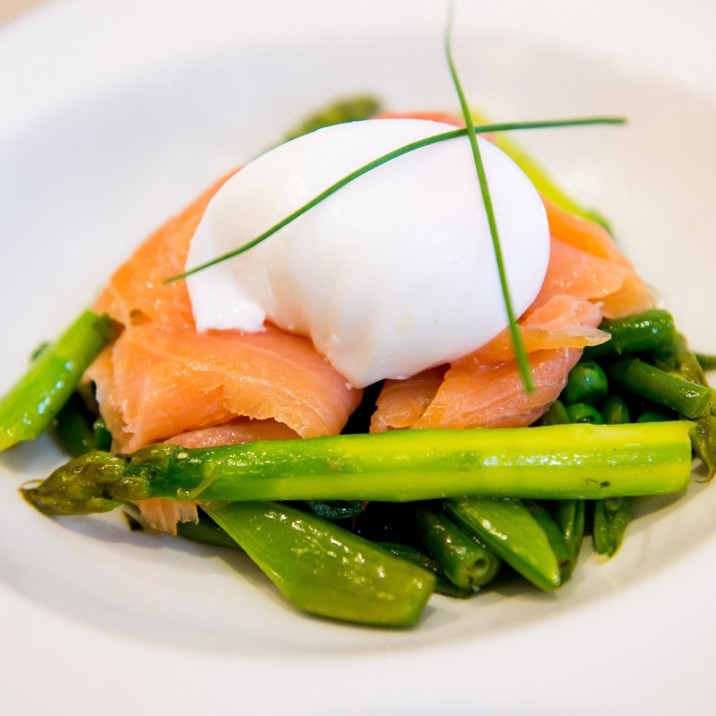 Hot green vegetable medley with smoked salmon, all topped with a Gloagburn Farm free range poached egg.