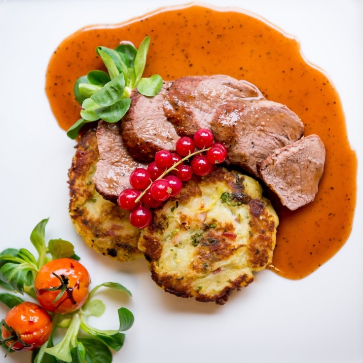 Fillet of Venison- Wild Scottish Venison with Rumbledthump patties, finished
with a rich sherry & redcurrant reduction.