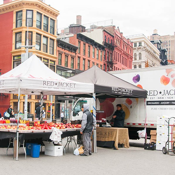 Gazebos up in the New York market area piled high with lots of lovely fresh fruit.