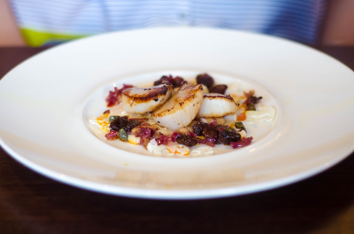 Roast Scallops, curried cauliflower and almond salsa starter at 63 Tay Street