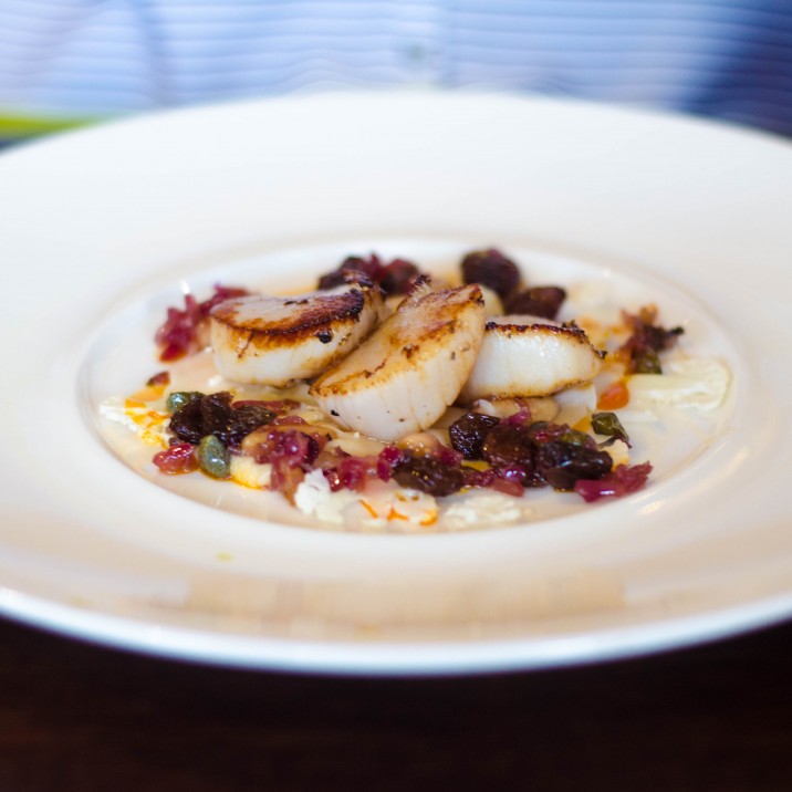 Roast Scallops, curried cauliflower and almond salsa starter at 63 Tay Street