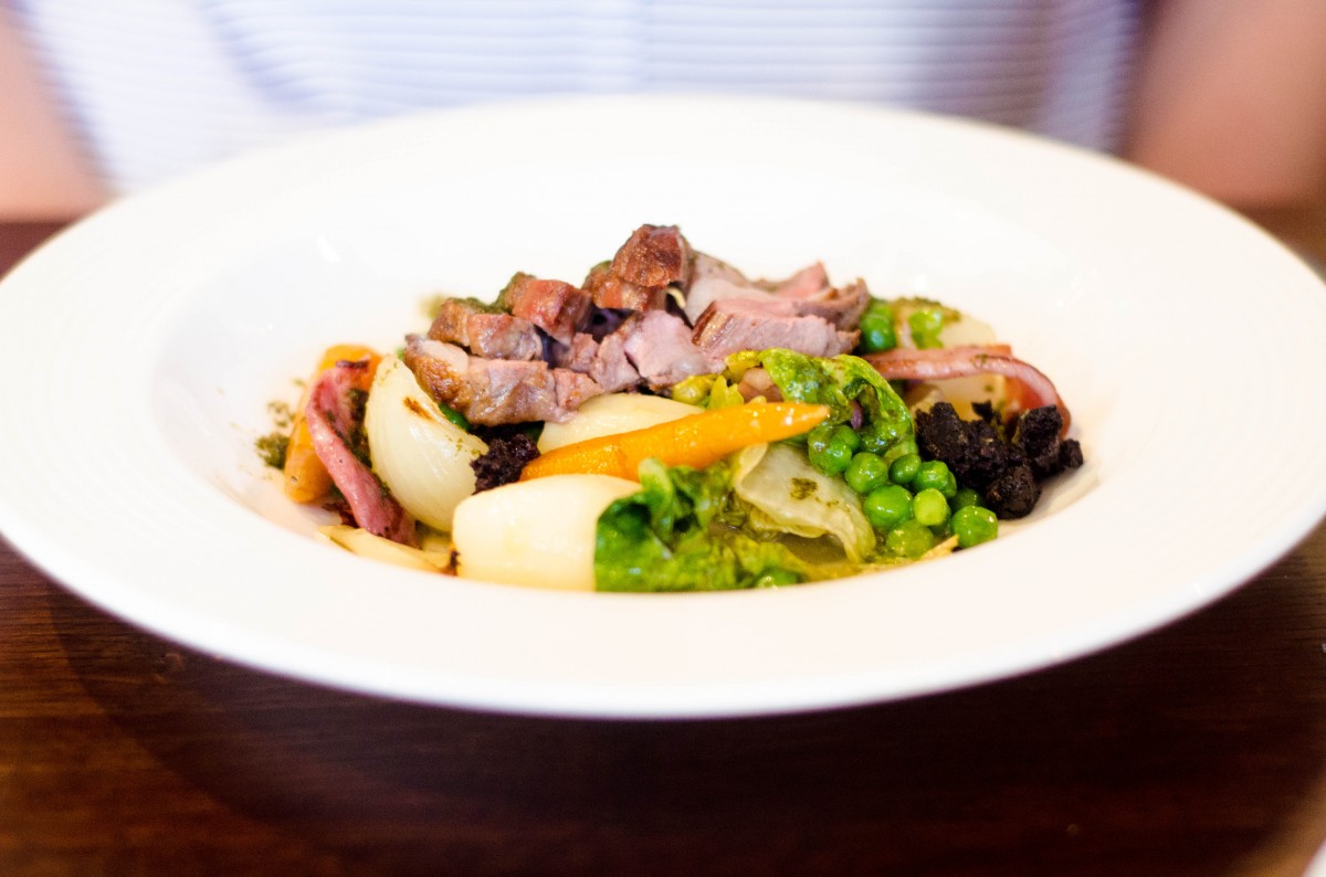 lamb rump, braised peas and mint sauce main course on new menu.