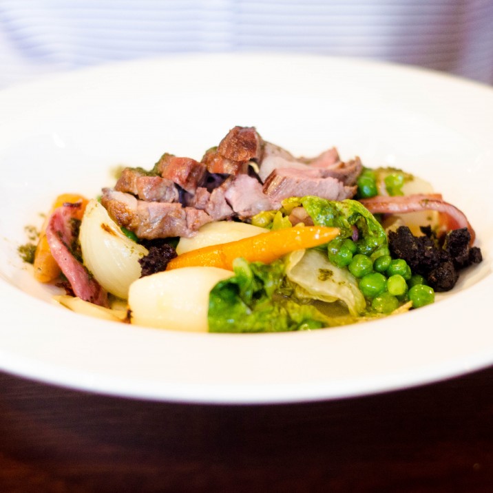 lamb rump, braised peas and mint sauce main course on new menu.