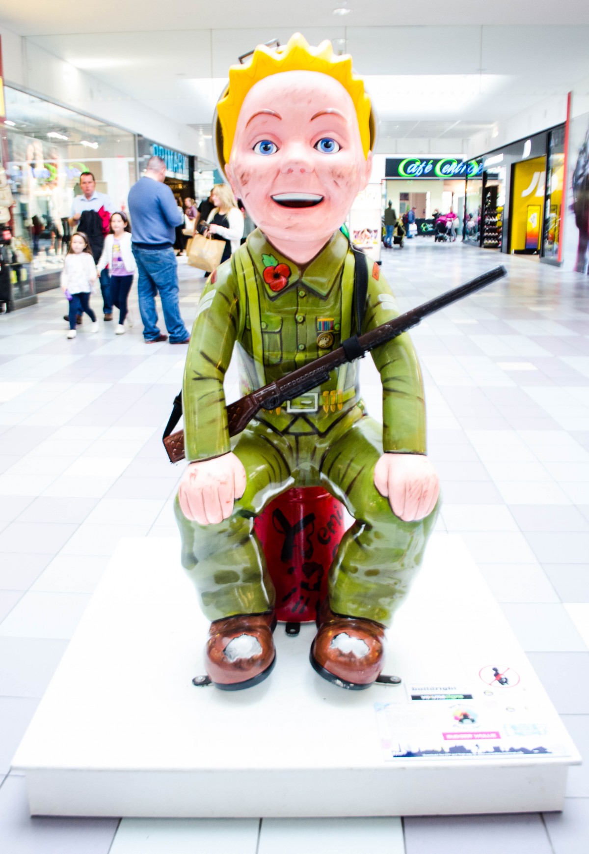 A tribute to our soldiers present and past, Wullies new rigour is a bit of a blast. A WW2 Sudjer theres nothing more he could need, with his gun on his shooter and mas colander on his heed.