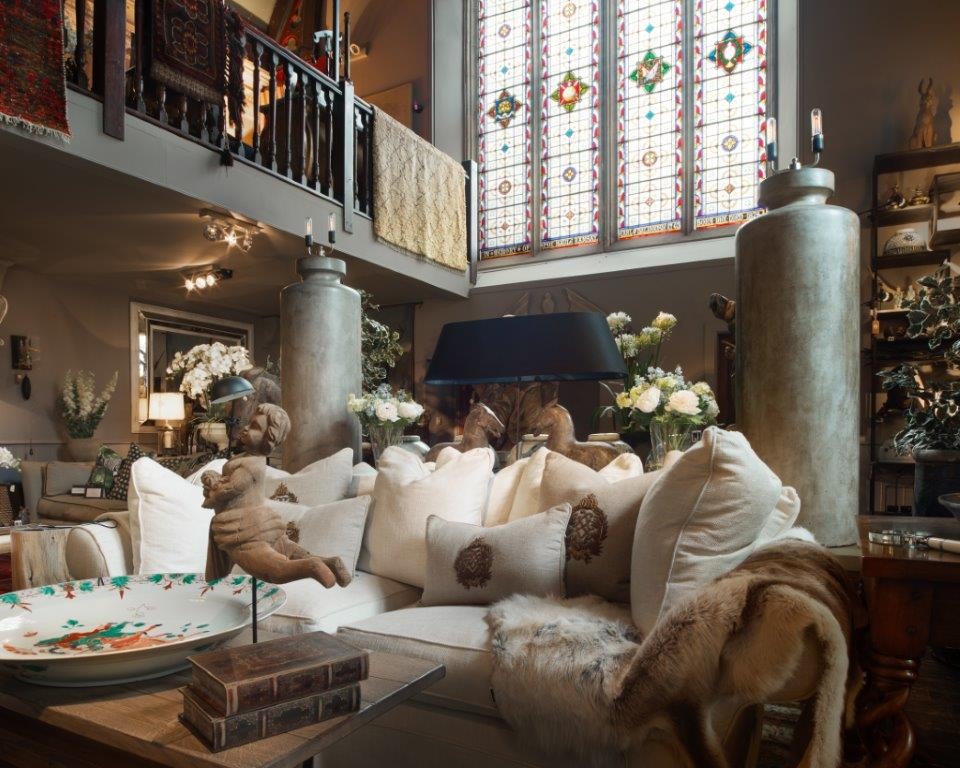 Jeffreys interiors cream sofa stained glass window