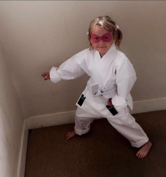 Donna sent in this picture of Roxy ready for her karate class and getting in the sporting spirit!,