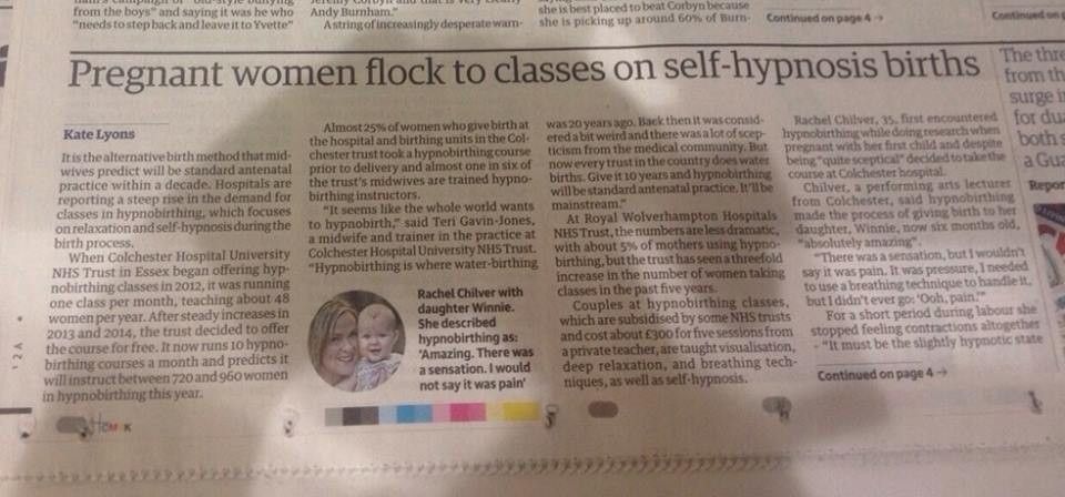 HypnoBirthing newspaper article