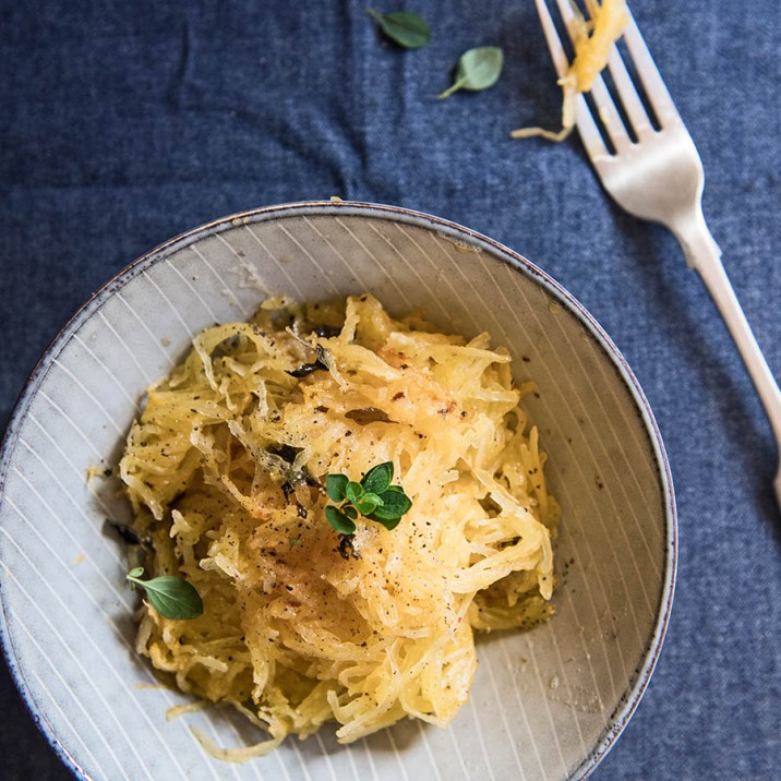 A tasty roasted spaghetti squash with thyme and chilli is the perfect autumn supper dish.
