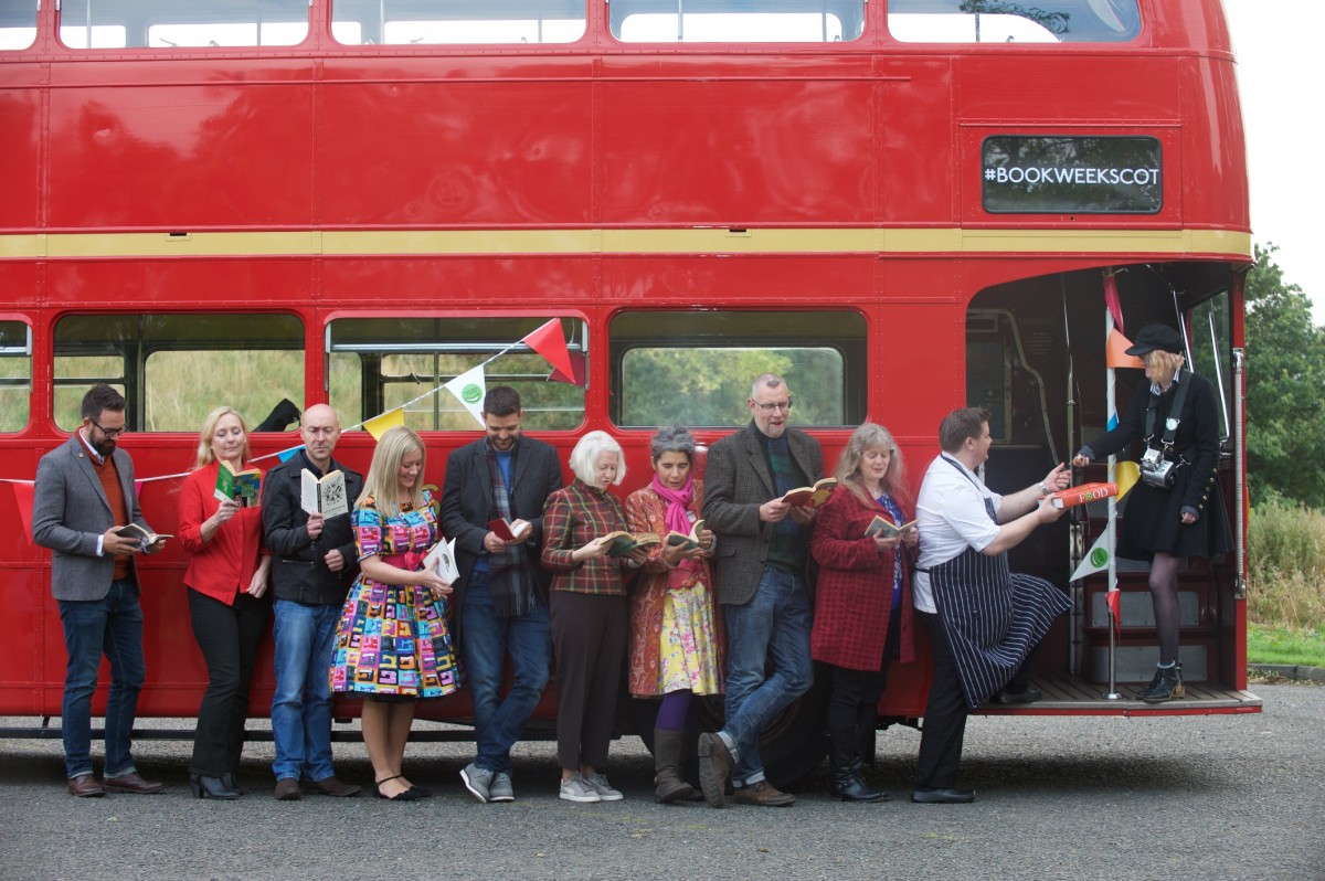 BOOK WEEK - Authors outside red bus