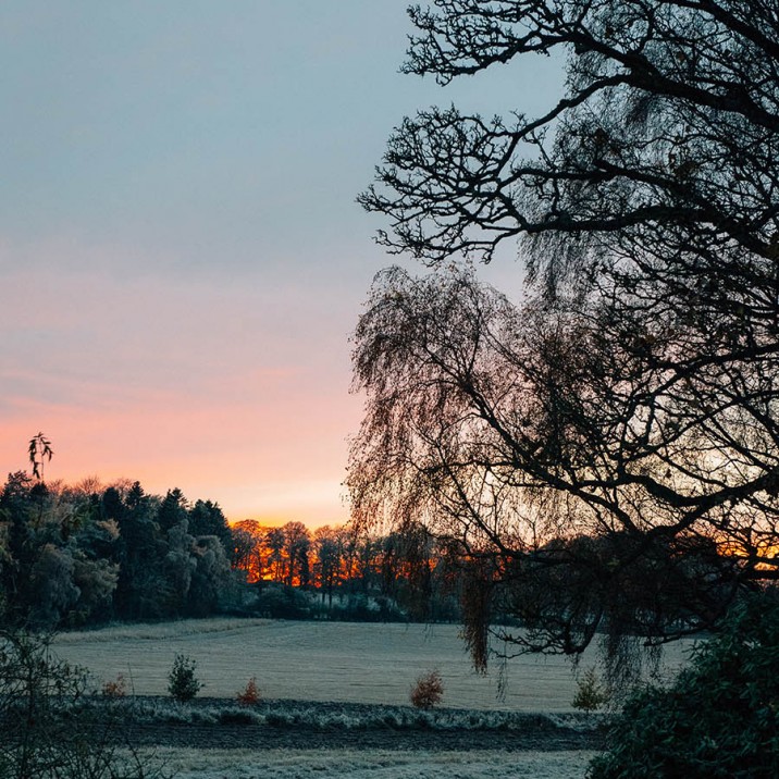 Beautiful orange glow of the sun setting in a frosty Perthshire field.