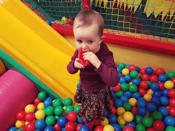 Bells Soft Play ball in mouth