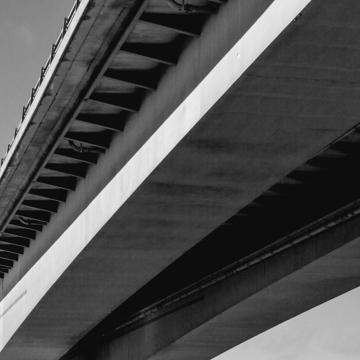 The Friarton bridge in black and white and shot from below.