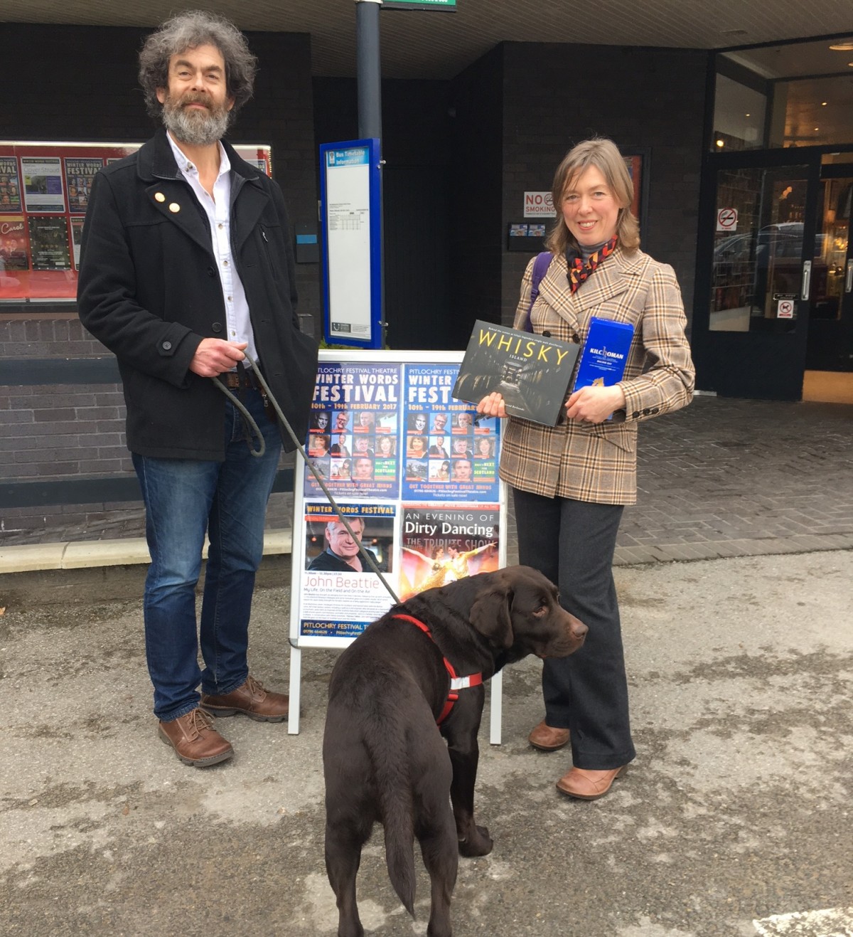 Actor Dougal Lee with author Fiona Rintoul and her gorgeous chocolate lab!