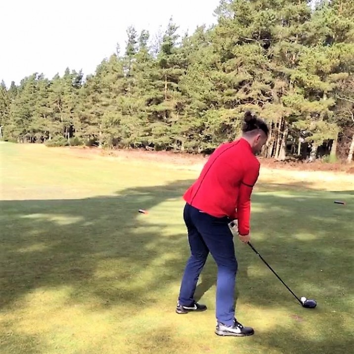 Footballer Stevie May about to hit his drive at Gleneagles