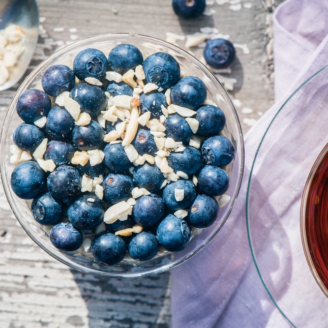 Juicy, plump blueberries are the perfect topping for this chia seed breakfast dish.