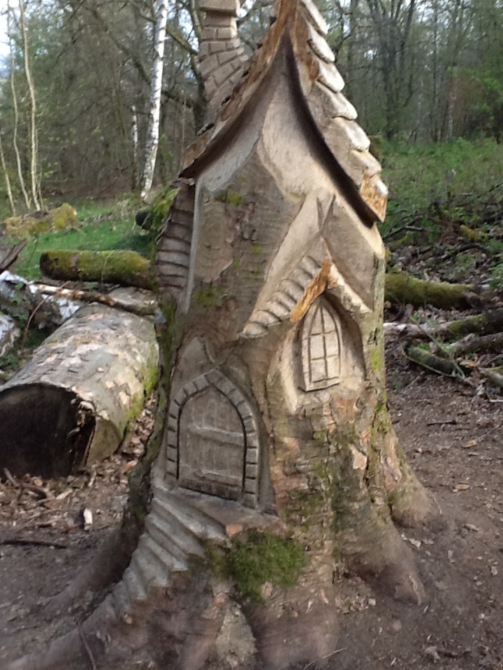 Beautiful fairy house carved into a tree at Kinnoull Hill in Perth.
