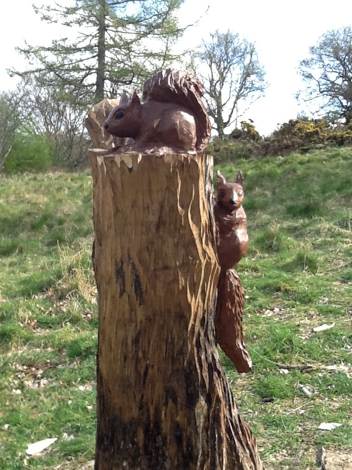 two carved squirrels on a tree stump