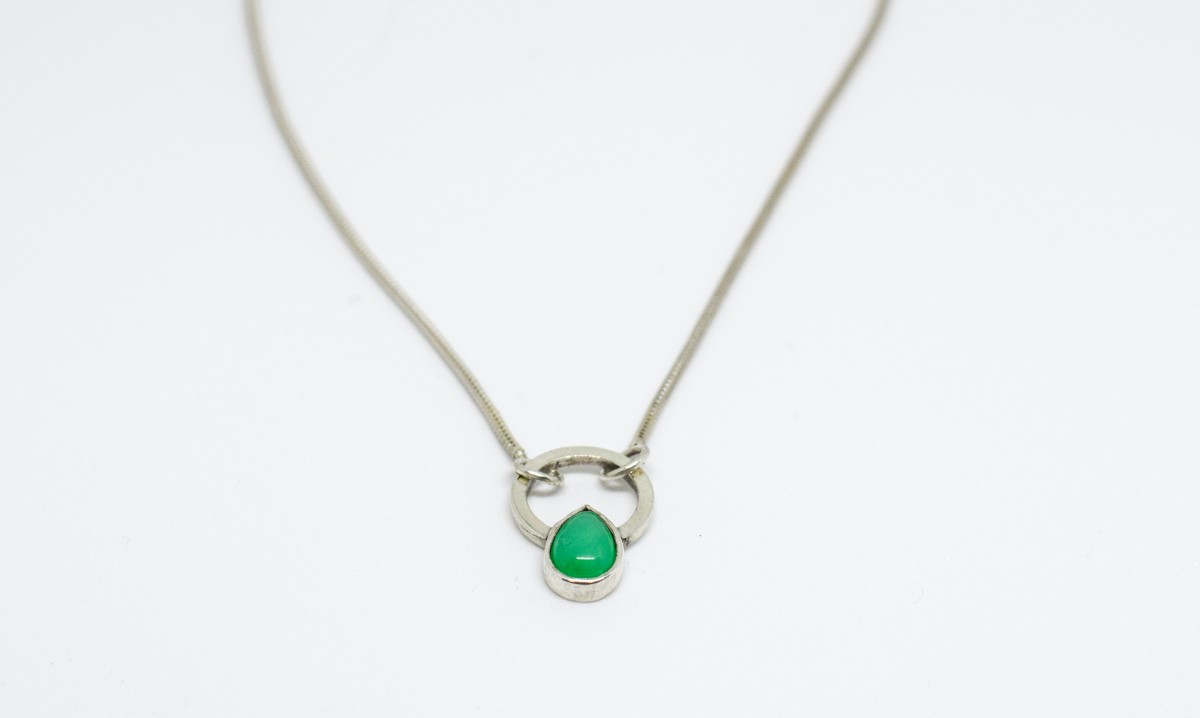 Linda from Byers & Co creates her own signature designs and we have a beautiful bright green chryoprase pendant set in silver worth £65
