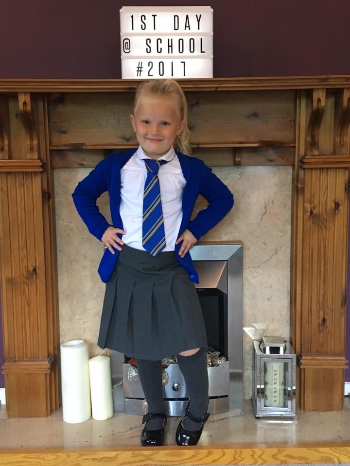 Samantha sent this cute picture of her daughter looking smart and ready for her #FirstDayAtSchool!