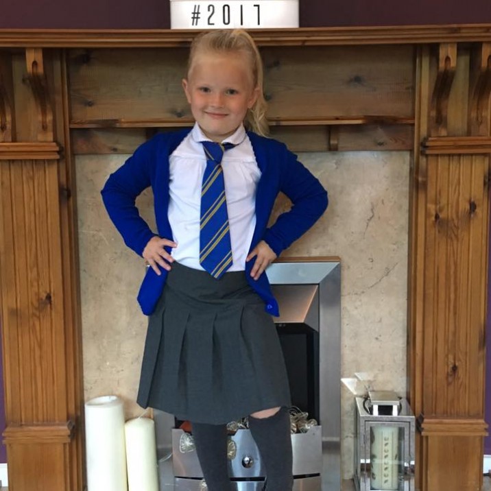 Samantha sent this cute picture of her daughter looking smart and ready for her #FirstDayAtSchool!