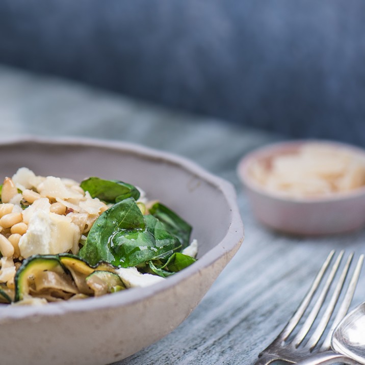 Tasty courgette, broad bean and goat's cheese pasta.