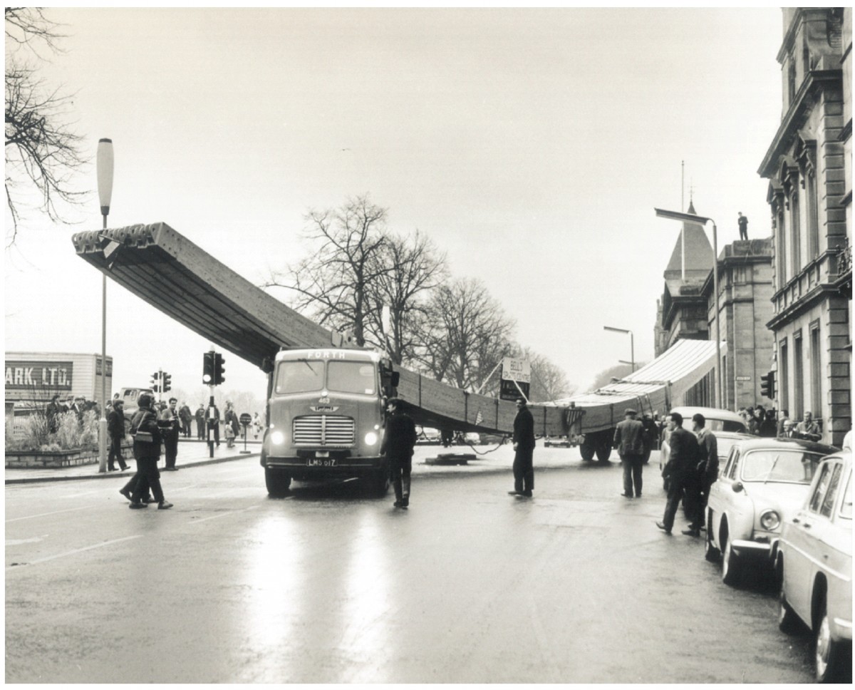A  truck delivering a large panel for the iconic domed roof at Bells Sports Centre leisure facility when it was built in 1966.