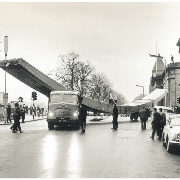 A  truck delivering a large panel for the iconic domed roof at Bells Sports Centre leisure facility when it was built in 1966.