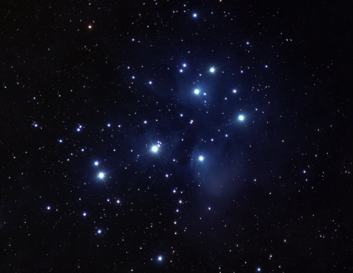 The Pleiades, or "Seven Sisters" are a star cluster - the easiest to see from Earth with the naked eye. The cluster is dominated by hot blue and luminous stars as seen above.