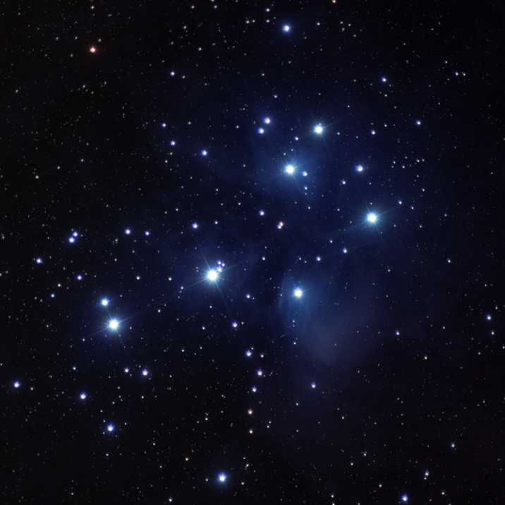The Pleiades, or "Seven Sisters" are a star cluster - the easiest to see from Earth with the naked eye. The cluster is dominated by hot blue and luminous stars as seen above.