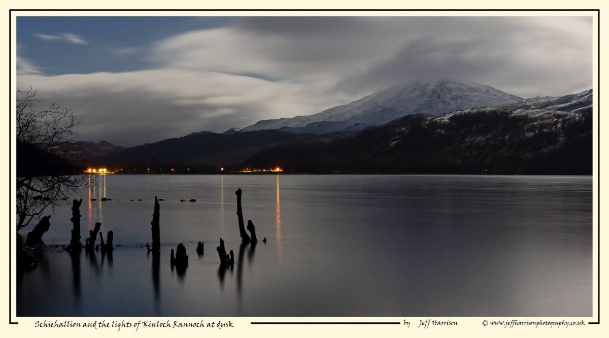 Jeff Harrison is a Perthshire based professional photographer who immerses himself in the local scenery taking fantastic images of the nature and wildlife of Perthshire. He perfectly captures the early winter scene here in Highland Perthshire, showing the snow-covered and cloud-capped Schiehallion and the bright lights of Kinloch Rannoch at dusk from across Loch Rannoch . You can view more of Jeffs work through his own website here.