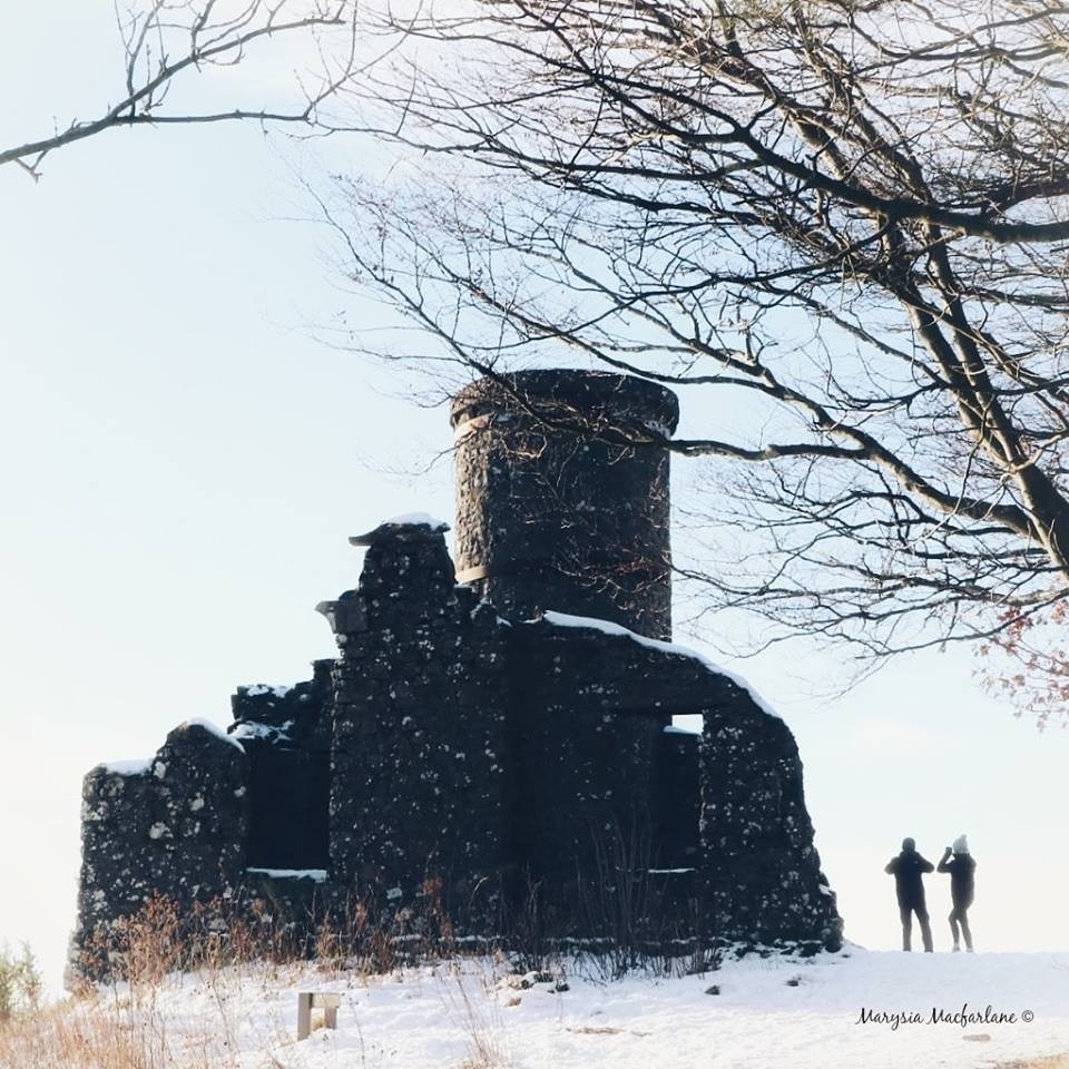 The Tower at Kinnoul Hill covered in snow in a winters morning