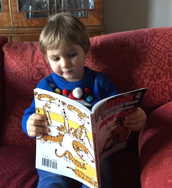 World Book Day - James with Book on Couch