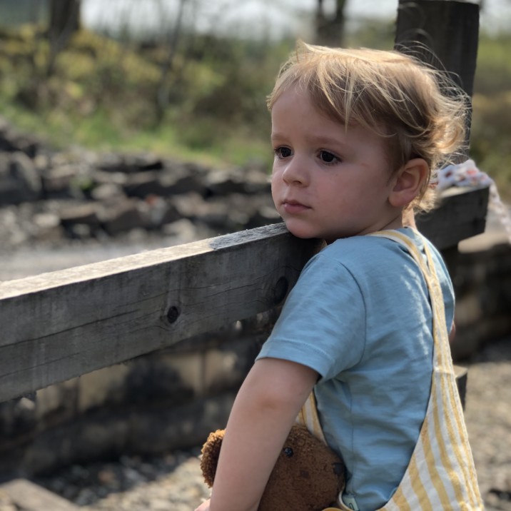 A little boy looks longingly at the miniature tiny level train tracks at Wester Pickston Railway