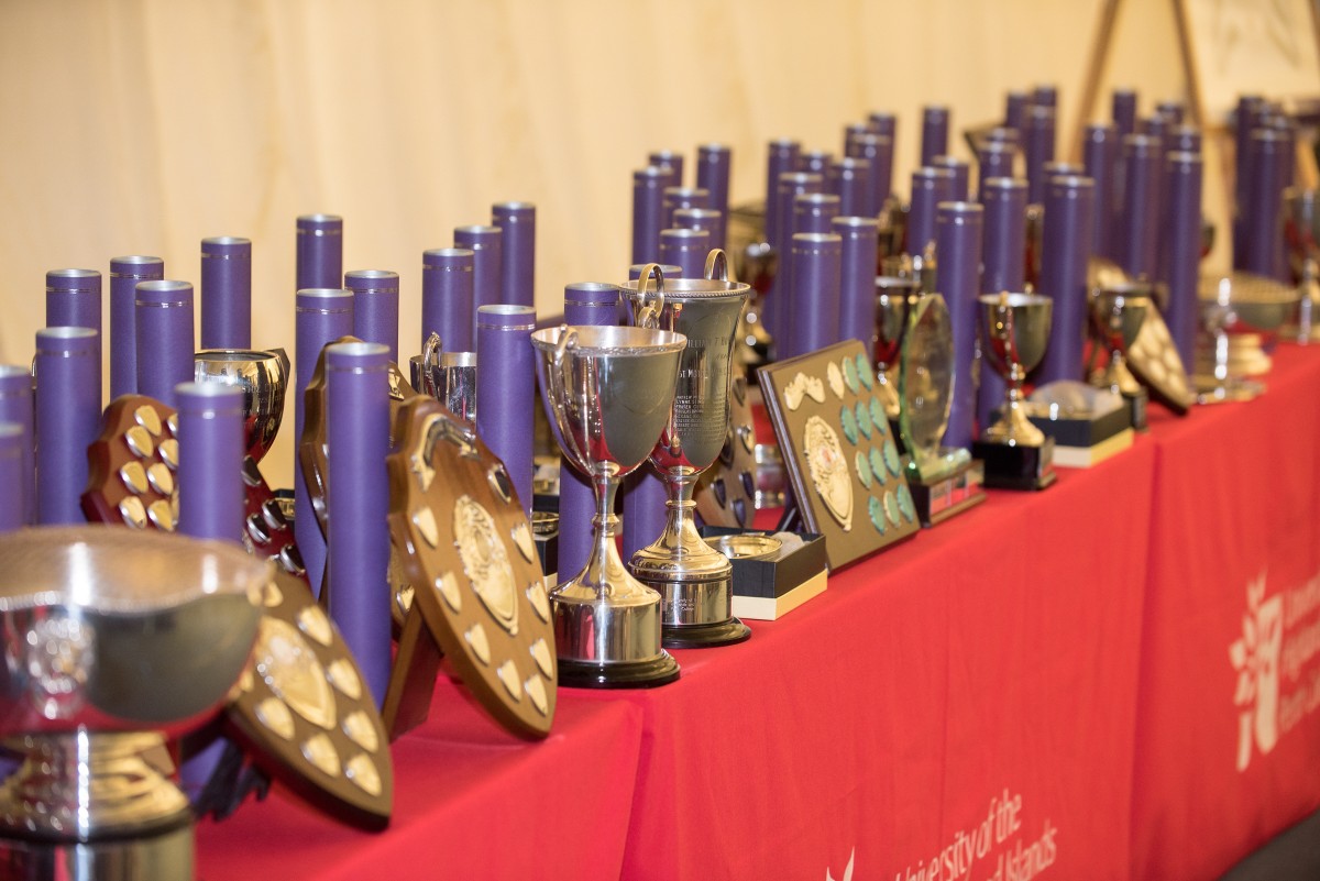 Scrolls, trophies and plaques are lined up to honour the successful students from Perth College UHI in the annual ceremony.