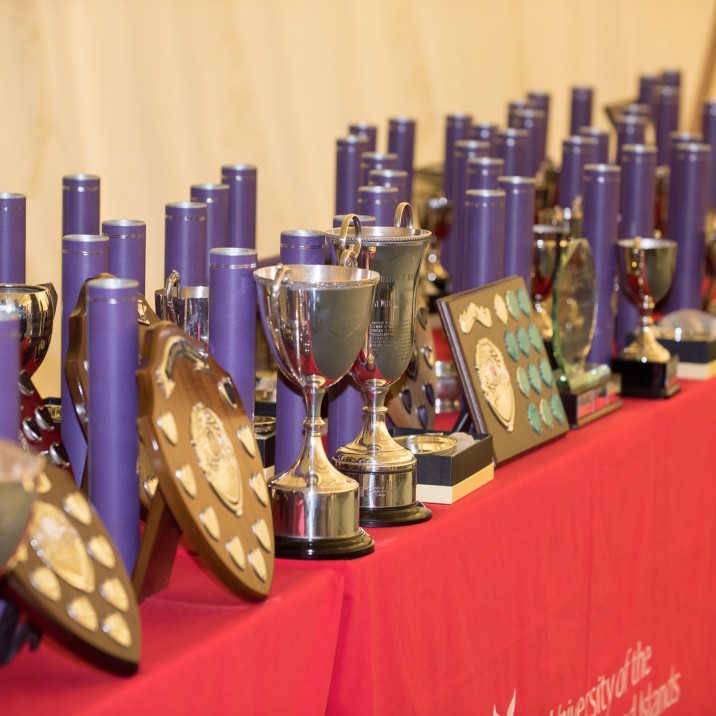Scrolls, trophies and plaques are lined up to honour the successful students from Perth College UHI in the annual ceremony.