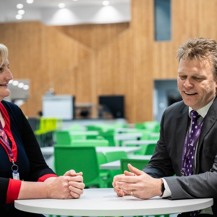 Convener of Perth & Kinross Council's Lifelong Learning Committee, Councillor Caroline Shiers, chats with Stuart Clyde in the new dining hall.