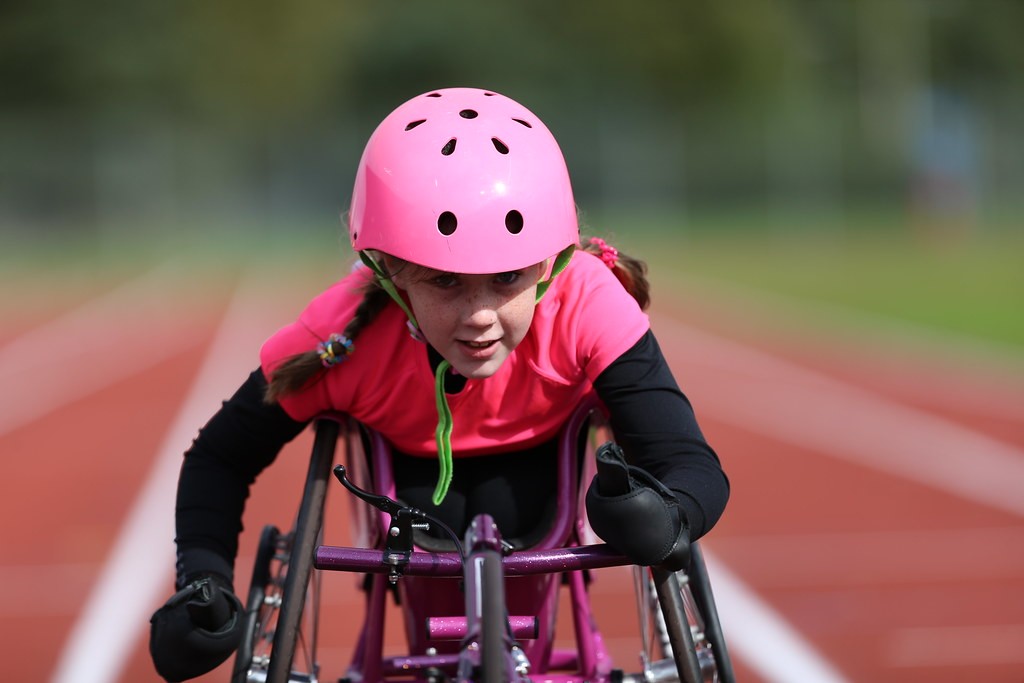 Niamh Currie from Fife competing in her wheelchair sprint race.