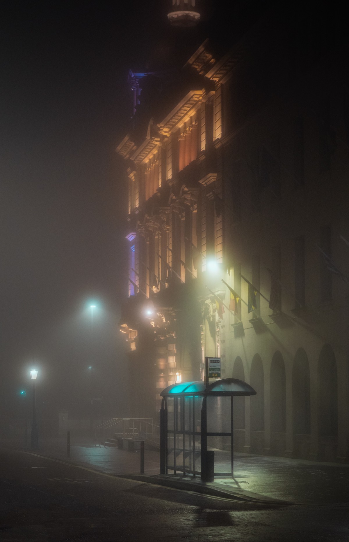 2 High Street captured during the midst of a foggy evening.